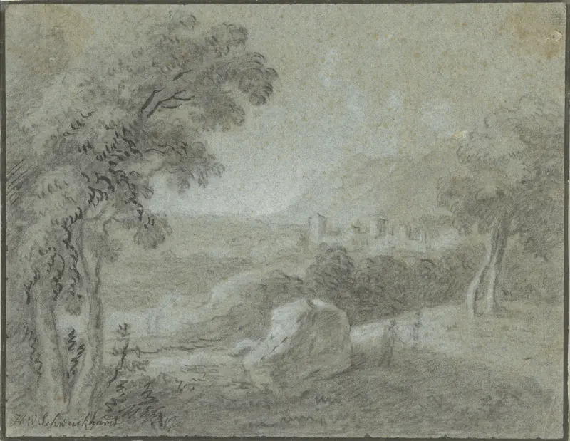 Zuidelijk heuvellandschap met een stad in het verschiet Wall Art by Hendrik Willem Schweickhardt - High-Resolution Digital Print