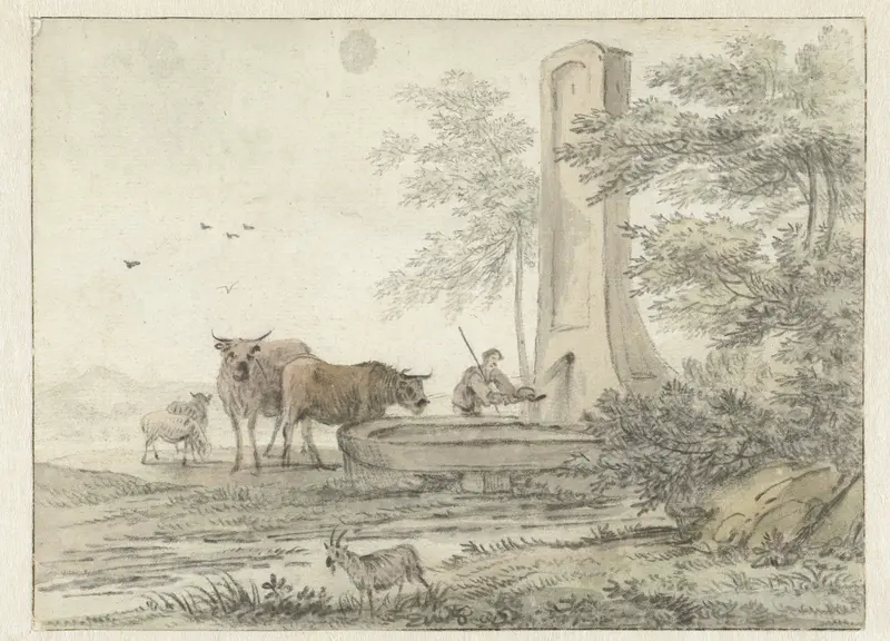 Zuidelijk landschap met een herder met vee bij een fontein Wall Art by Hendrik van der Straaten - High-Resolution Digital Print