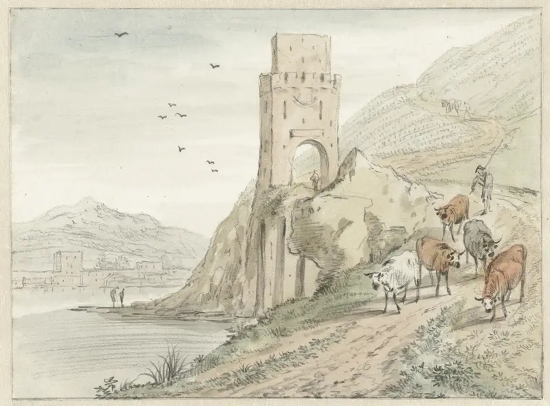 Zuidelijk rivierlandschap met bergen en een poort Wall Art by Hendrik van der Straaten - High-Resolution Digital Print