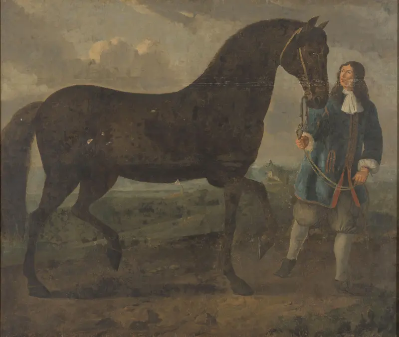 Zwart paard door een stalknecht geleid Wall Art by anonymous - High-Resolution Digital Print