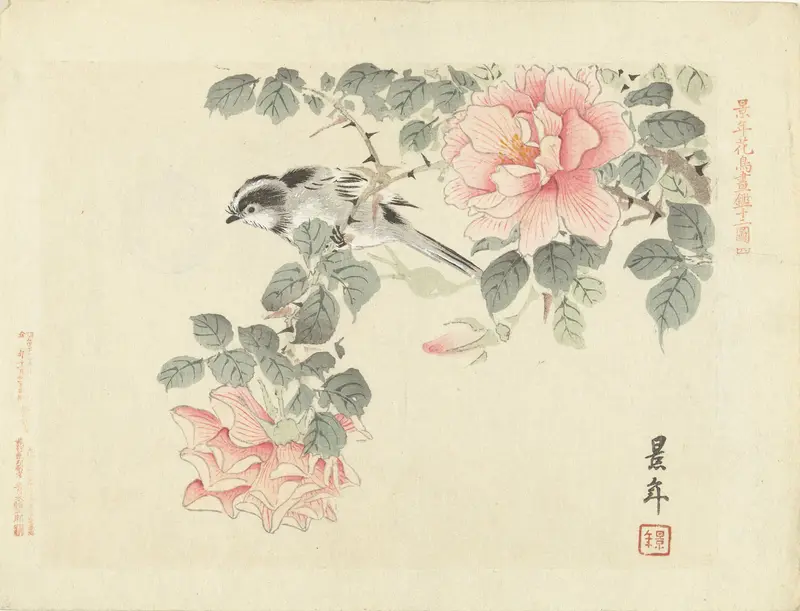 Zwart-wit vogeltje tussen roze rozen Wall Art by Aoki Kôsaburô - High-Resolution Digital Print