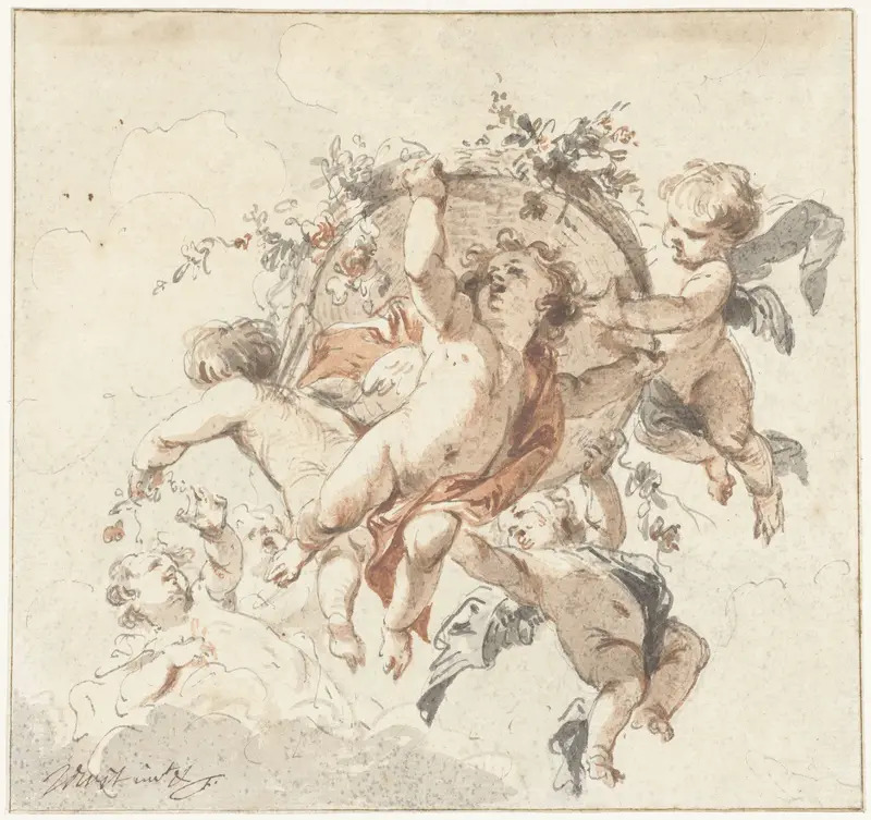 Zwevende cherubijnen met een bloemenmand Wall Art by Unknown - High-Resolution Digital Print