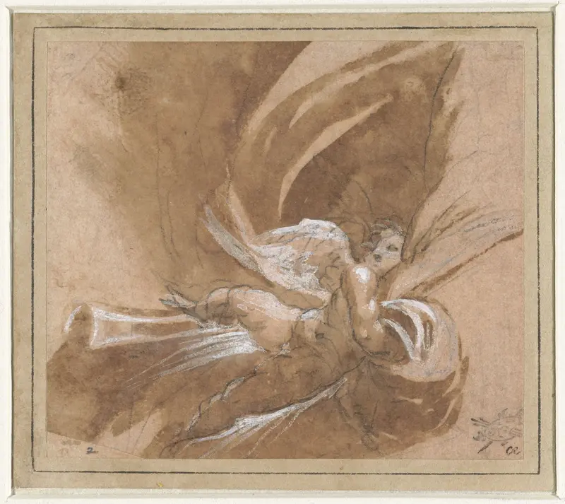 Zwevende putto die een gordijn optilt Wall Art by anonymous - High-Resolution Digital Print