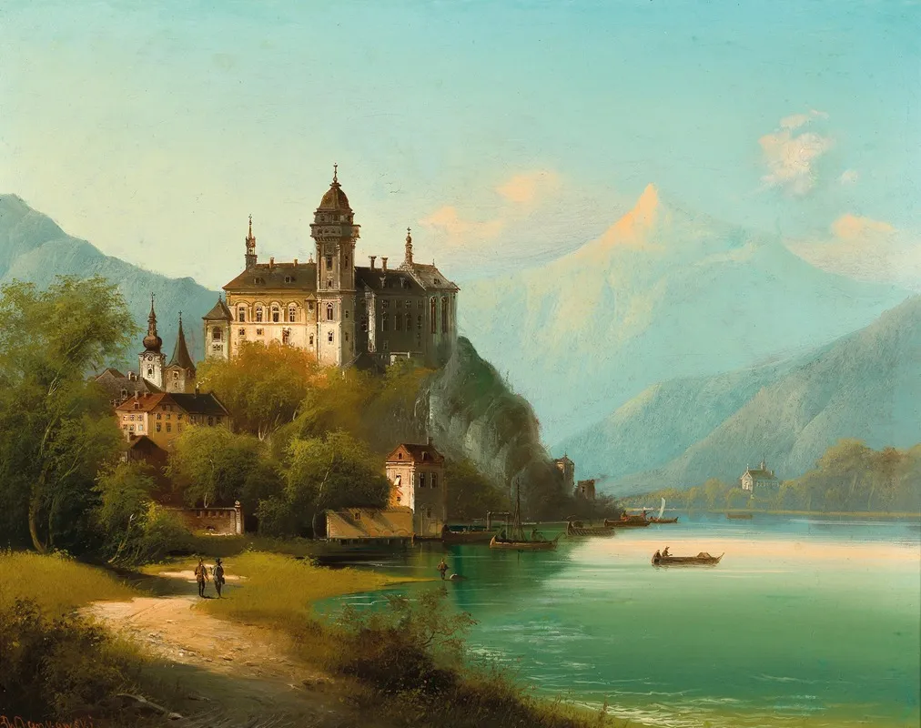 A Castle On A Mountain Lake Wall Art by Johann Wilhelm Jankowsky - High-Resolution Digital Print
