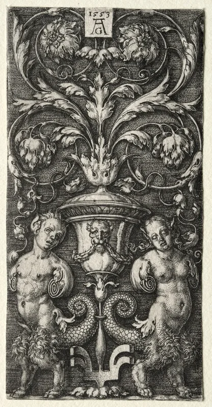 A Vase Between Two Chimeric Figures Wall Art by Heinrich Aldegrever - High-Resolution Digital Print