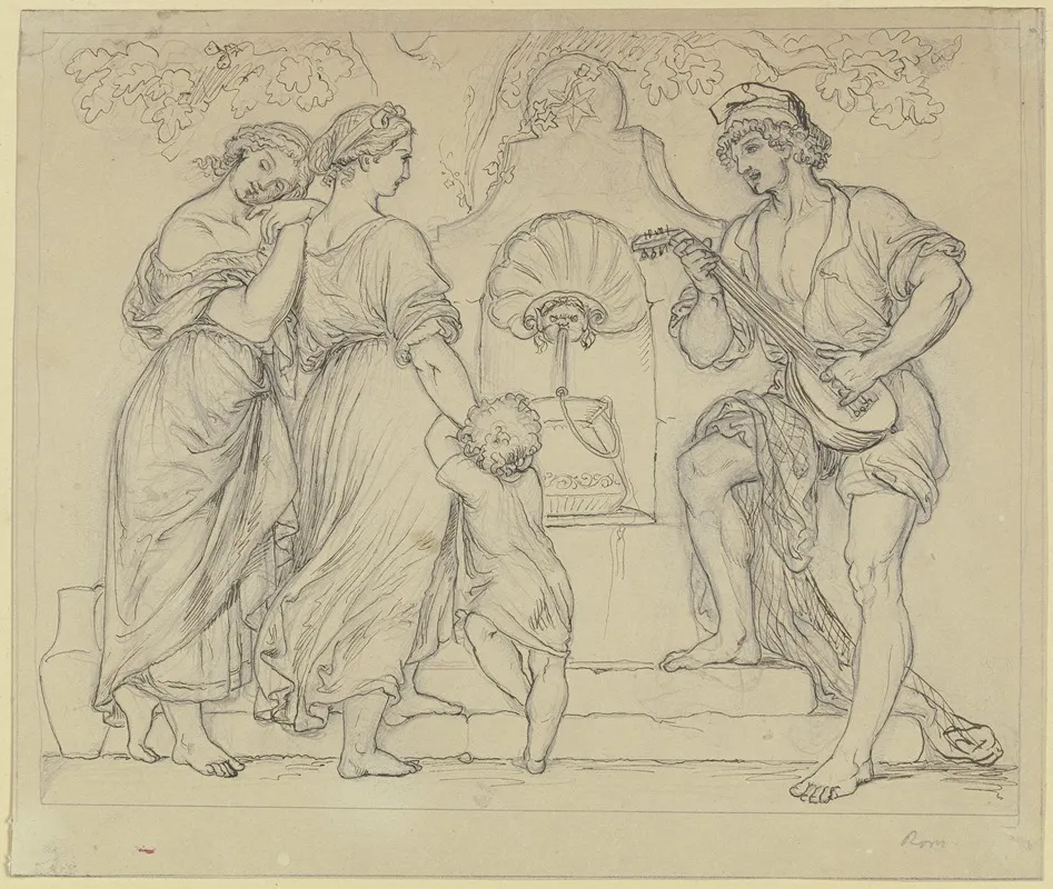 Am Brunnen Spielt Ein Jungling Zwei Madchen Und Einem Kind Auf Der Laute Vor 4 Wall Art by Gustav Kaupert - High-Resolution Digital Print