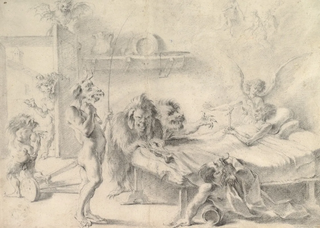 An Old Man On His Deathbed Tempted By Demons Wall Art by Aureliano Milani - High-Resolution Digital Print