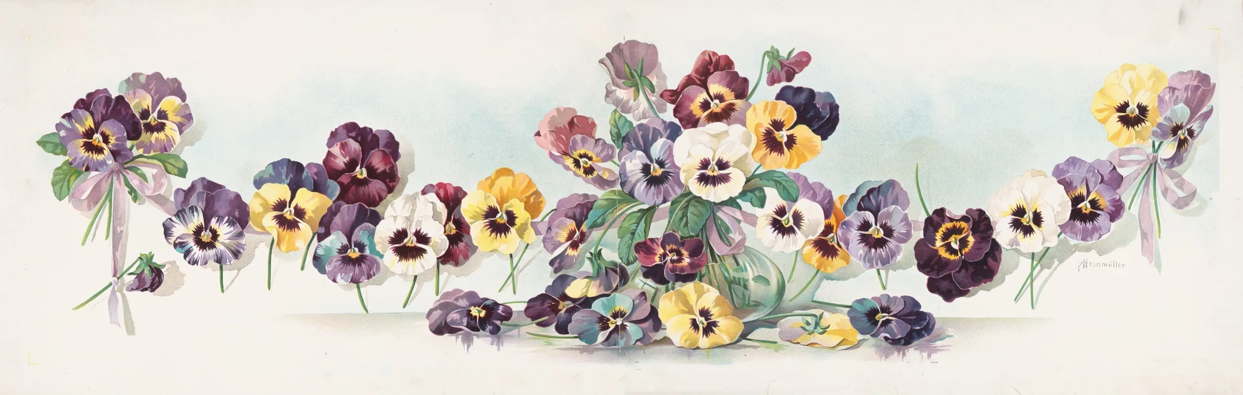 Bouquet Of Pansies In Glass Vase Wall Art by A. Heinmuller - High-Resolution Digital Print