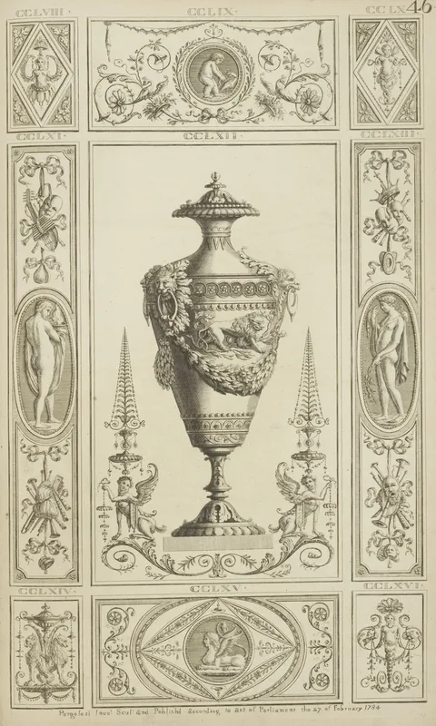 Central Design Of Urn With Designs Of Lions And Garlands Wall Art by Michael Angelo Pergolesi - High-Resolution Digital Print