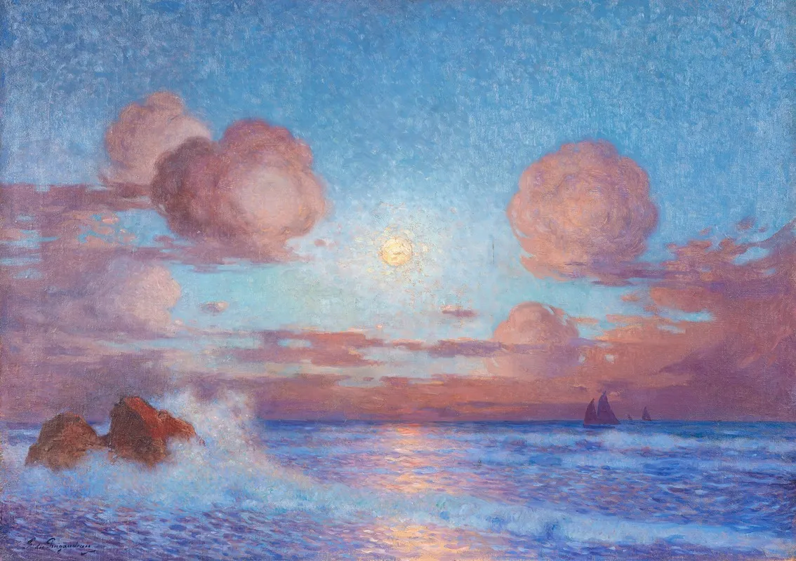 Coucher De Soleil Sur La Mer Ou Voiliers Au Soleil Couchant Wall Art by Ferdinand du Puigaudeau - High-Resolution Digital Print