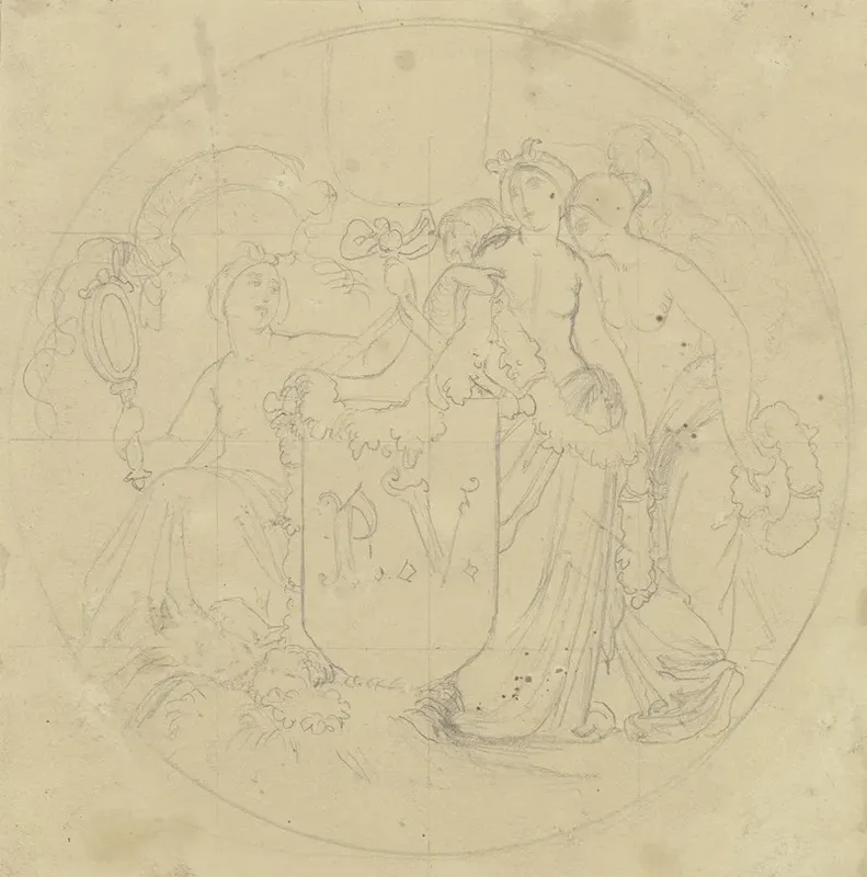 Drei Allegorische Frauengestalten Umgeben Einen Wappenschild Mit Den Initialen Des Kunstlerkollegen Philipp Veit Wall Art by Moritz von Schwind - High-Resolution Digital Print