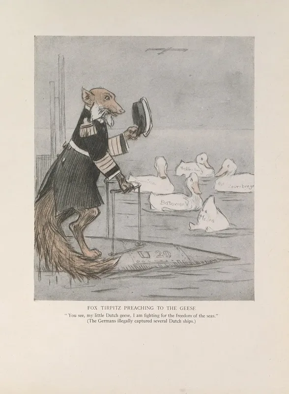 Fox Tirpitz Preaching To The Geese Wall Art by Louis Raemaekers - High-Resolution Digital Print
