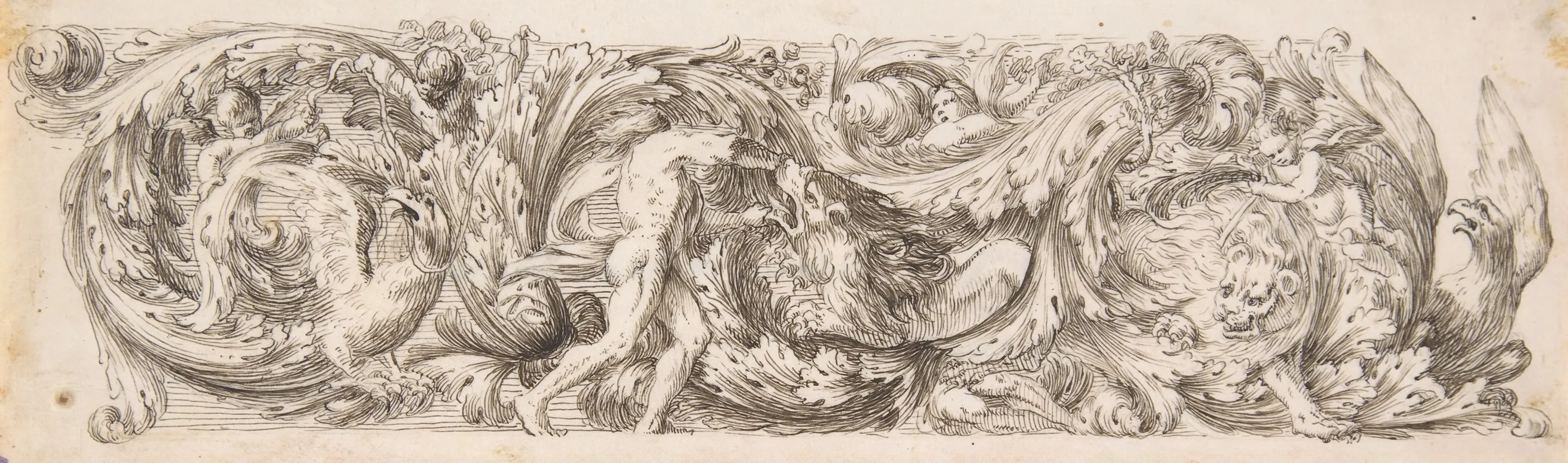 Frieze With Acanthus Scrolls And A Man Fighting A Lion Wall Art by Jean Le Pautre - High-Resolution Digital Print