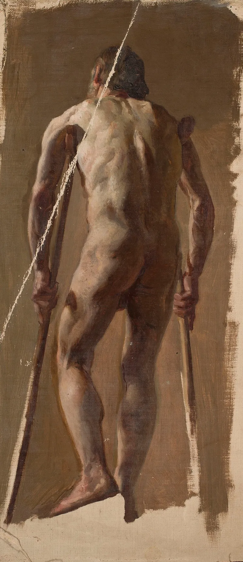 Nude Of An Old Man Leaning On Crutches Back View Wall Art by Kazimierz Alchimowicz - High-Resolution Digital Print