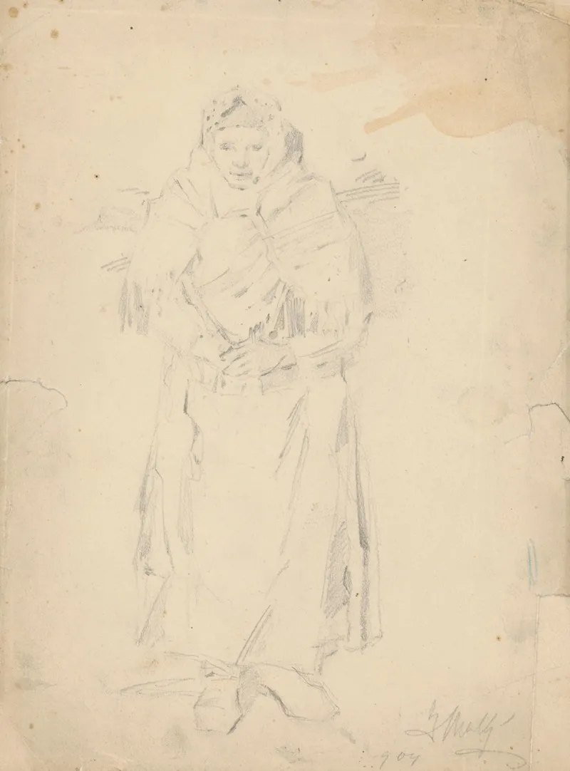 Old Woman With A Hamper Study Of A Woman Carrying Twigs Wall Art by Gustáv Mallý - High-Resolution Digital Print
