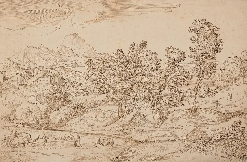 Paysage Arbore Avec Des Paysans Et Leur Troupeau Au Premier Plan Wall Art by Domenico Campagnola - High-Resolution Digital Print
