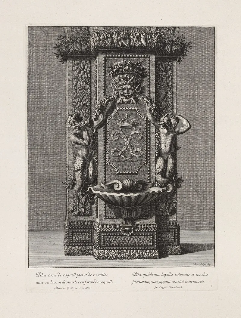 Pillar Decorated With Shells And Stones With A Marble Massin In The Shape Of A Cockleshell Wall Art by Jean Le Pautre - High-Resolution Digital Print