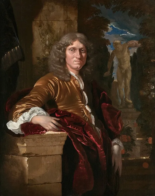 Portrait Dun Gentilhomme Accoude A Un Piedestal Devant Un Parc Wall Art by Adriaen van der Werff - High-Resolution Digital Print