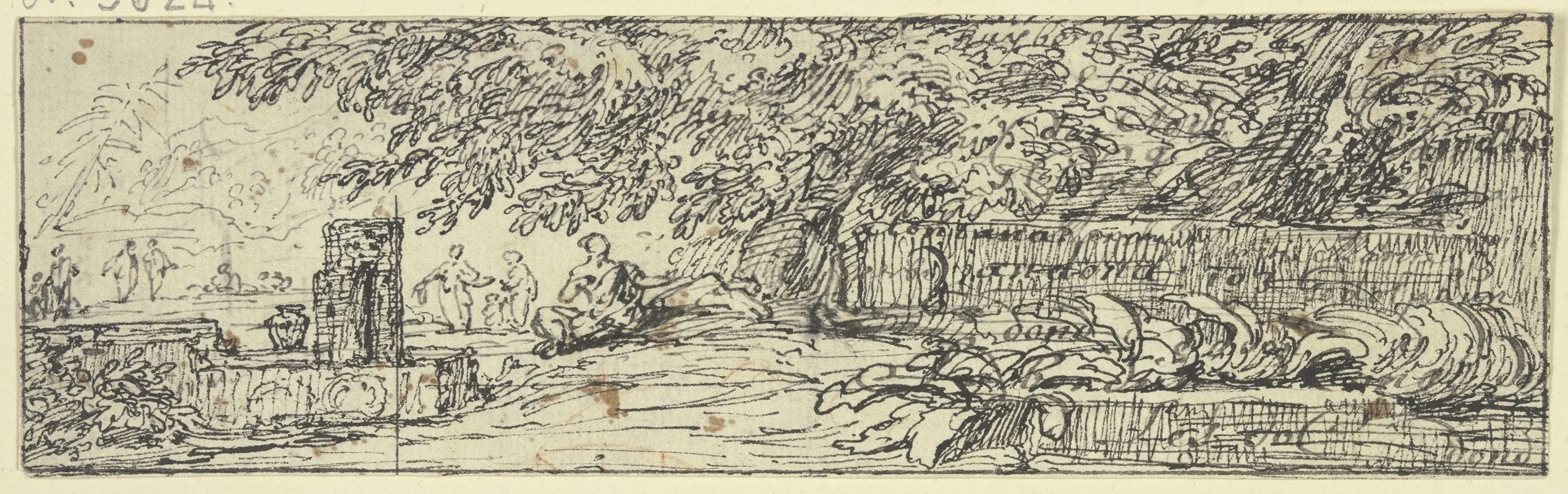 Rechts Eine Grose Baumpartie Mit Altem Mauerwerk Auf Welchem Viele Inschriften Eingetragen Sind Links Ein Brunnen Wall Art by Abraham Genoels II - High-Resolution Digital Print