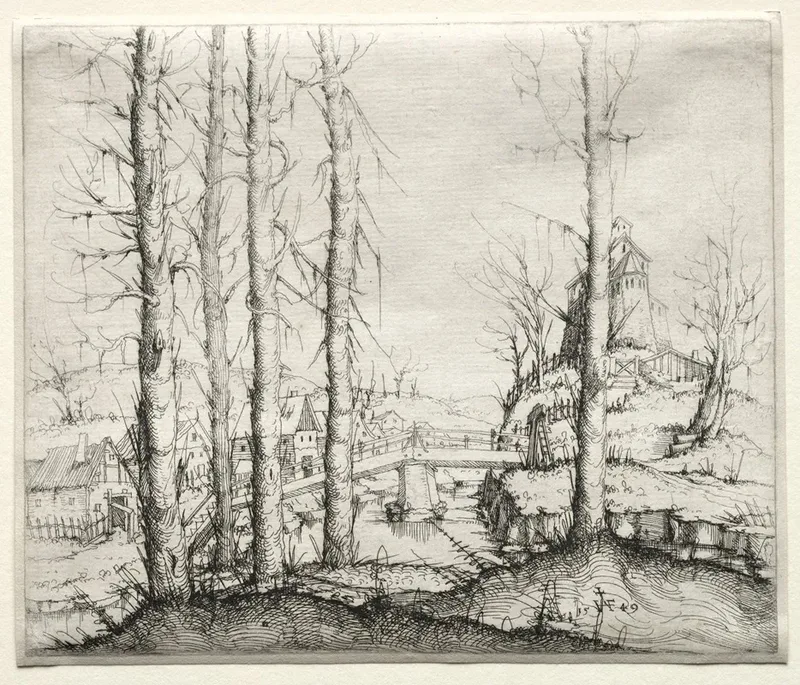 River Landscape With Five Bare Spruce Trees In The Foreground Wall Art by Augustin Hirschvogel - High-Resolution Digital Print
