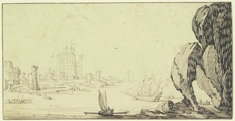 Seehafen Mit Schiffen Rechts Ein Groser Felsen Wall Art by Jacques Callot - High-Resolution Digital Print
