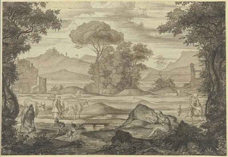 Stilisierte Italienische Landschaft Mit Figuren Und Vieh Im Vordergrund Eine Frau Mit Spinnrocken Wall Art by Franz Theobald Horny - High-Resolution Digital Print