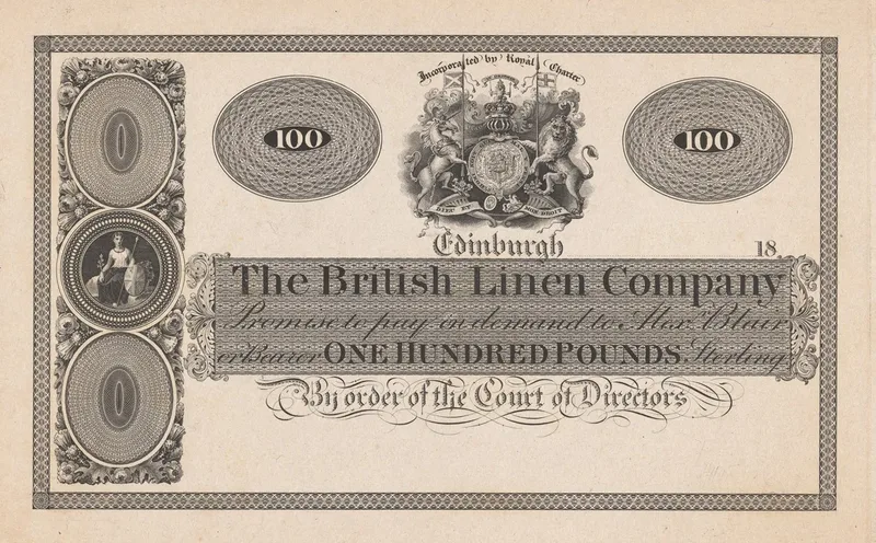 The British Linen Company Edinburgh One Hundred Pound Note Wall Art by Perkins & Heath - High-Resolution Digital Print
