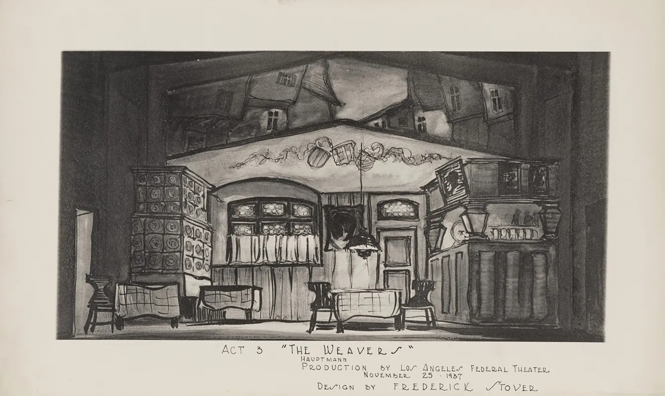 The Weavers Act 3 Domestic Interior Against City Rooftops Wall Art by Frederick Stover - High-Resolution Digital Print