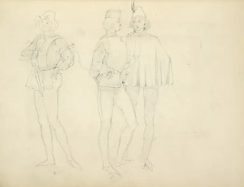 Three Young Men In Tights And Caps Wearing A Smock Jacket And Cape Wall Art by Stewart Watson - High-Resolution Digital Print