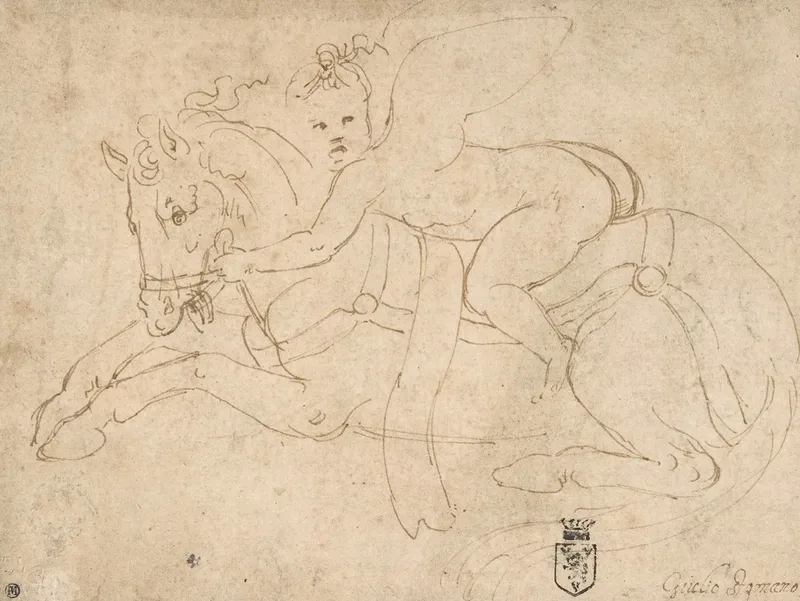 Winged Infant Riding A Crouching Horse Wall Art by Giulio Romano - High-Resolution Digital Print
