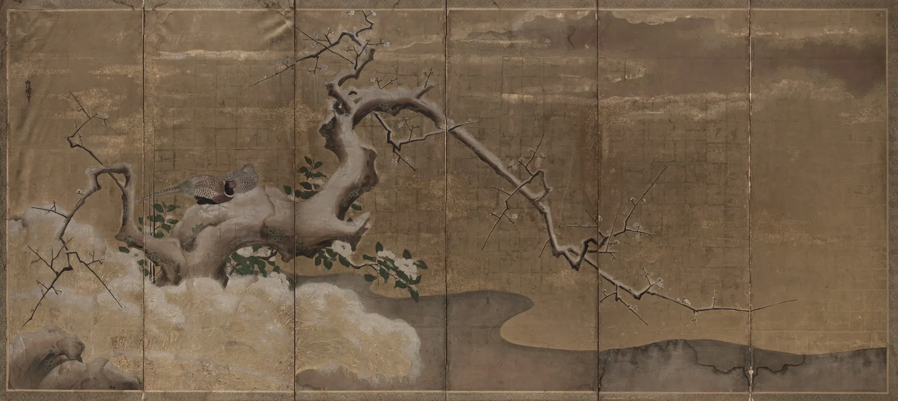 Winter Scene With Plum Trees And Pheasants Wall Art by Kano Naonobu - High-Resolution Digital Print