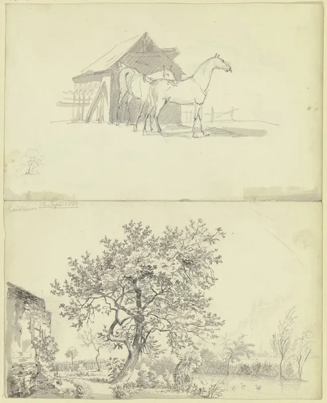 Zwei Pferde Vor Einem Stall Garten An Einem Wasserlauf Bei Rodelheim Wall Art by Carl Morgenstern - High-Resolution Digital Print
