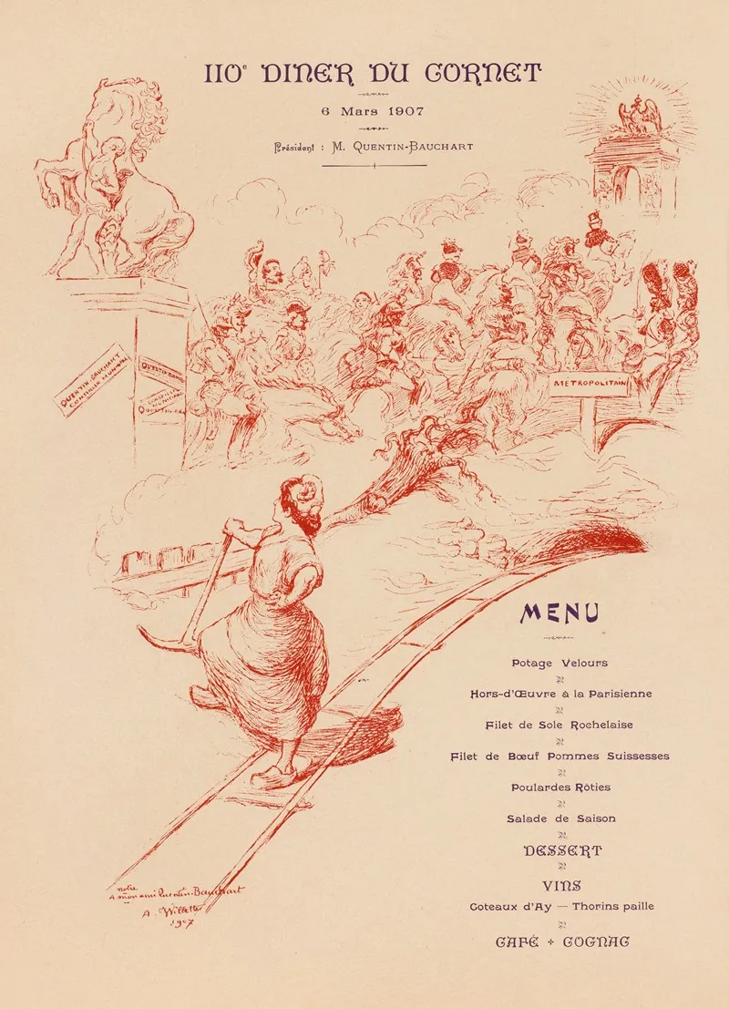 110e Diner Du Gornet 6 Mars 1907 President M Quentin Bauchart Menu A Mon Ami Quentin Bauchart by Adolphe Léon Willette - Canvas Print