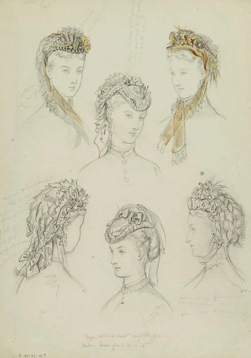 6 Tetes Feminines Avec Coiffes De Dentelle Rubans Plumes Et Fleurs by Anaïs Colin-Toudouze - Canvas Print