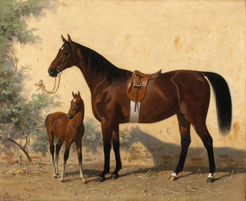 A Bay Horse With Foal by Emil Volkers - Canvas Print