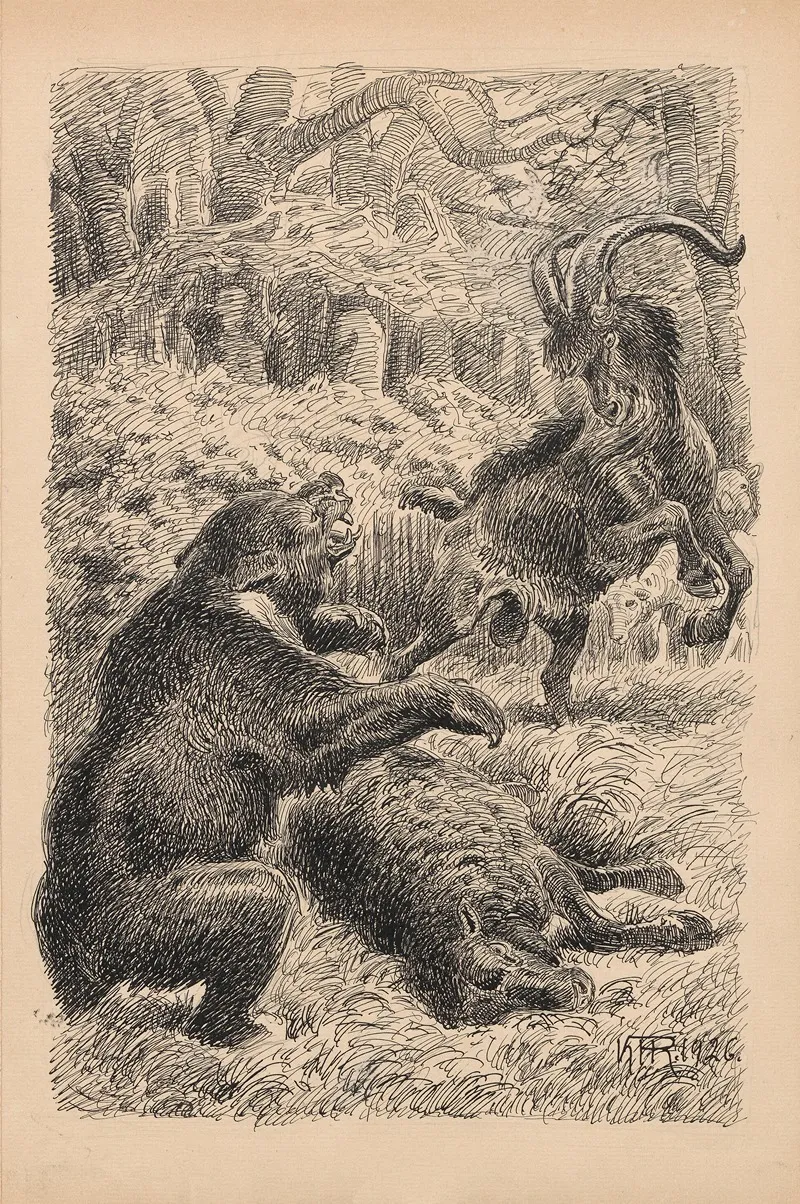 A Bear And A Goat Are Fighting by Karl Hansen Reistrup - Canvas Print