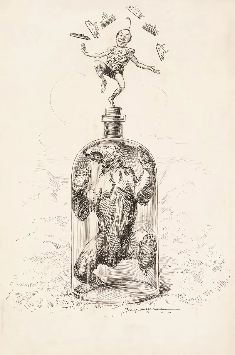 A Bear Representing Russia Is Trapped In A Bottle While A Small Man Dances On Top Juggling Ships
