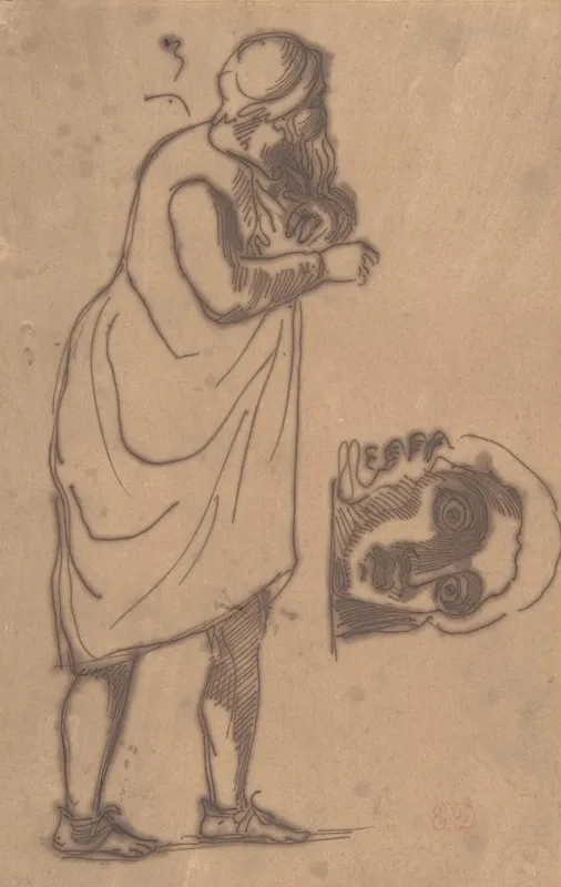 A Bearded Man Standing And A Classical Head