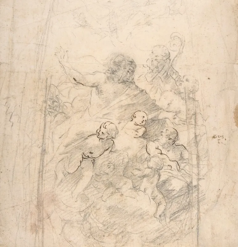 A Bearded Prophet In Glory Attended By A Bishop Two Other Male Saints And Angels Design For A Section Of A Dome