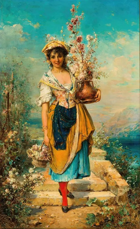 A Beautiful Flower Girl by Hans Zatzka - Canvas Print