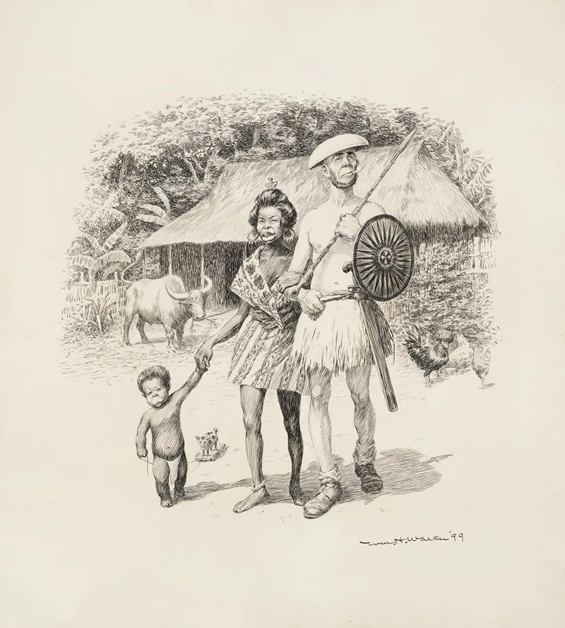 A Black Family Stands Before Their Hut And Animals