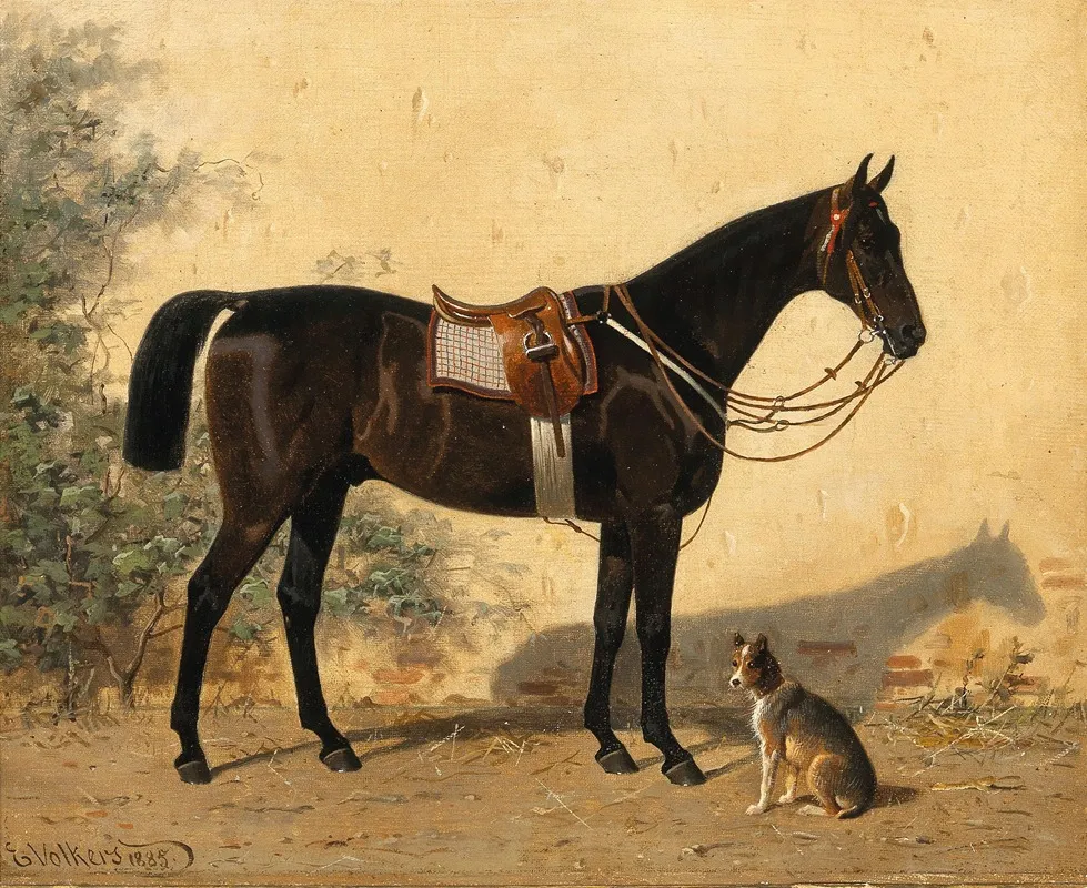 A Black Horse With A Dog by Emil Volkers - Canvas Print