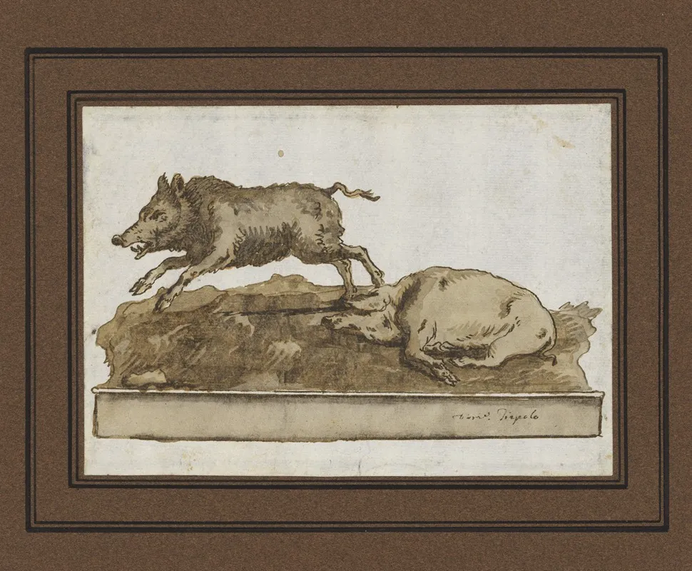 A Boar Galloping To The Left And A Sleeping Sow On The Base