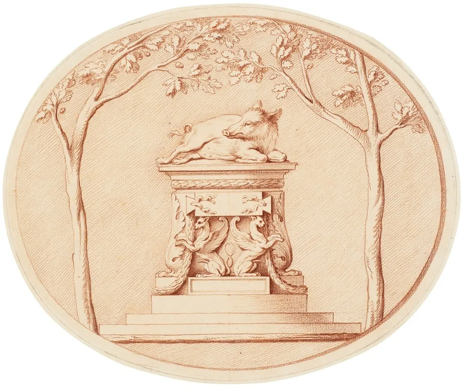 A Boar On A Sacrifical Altar Flanked By Trees
