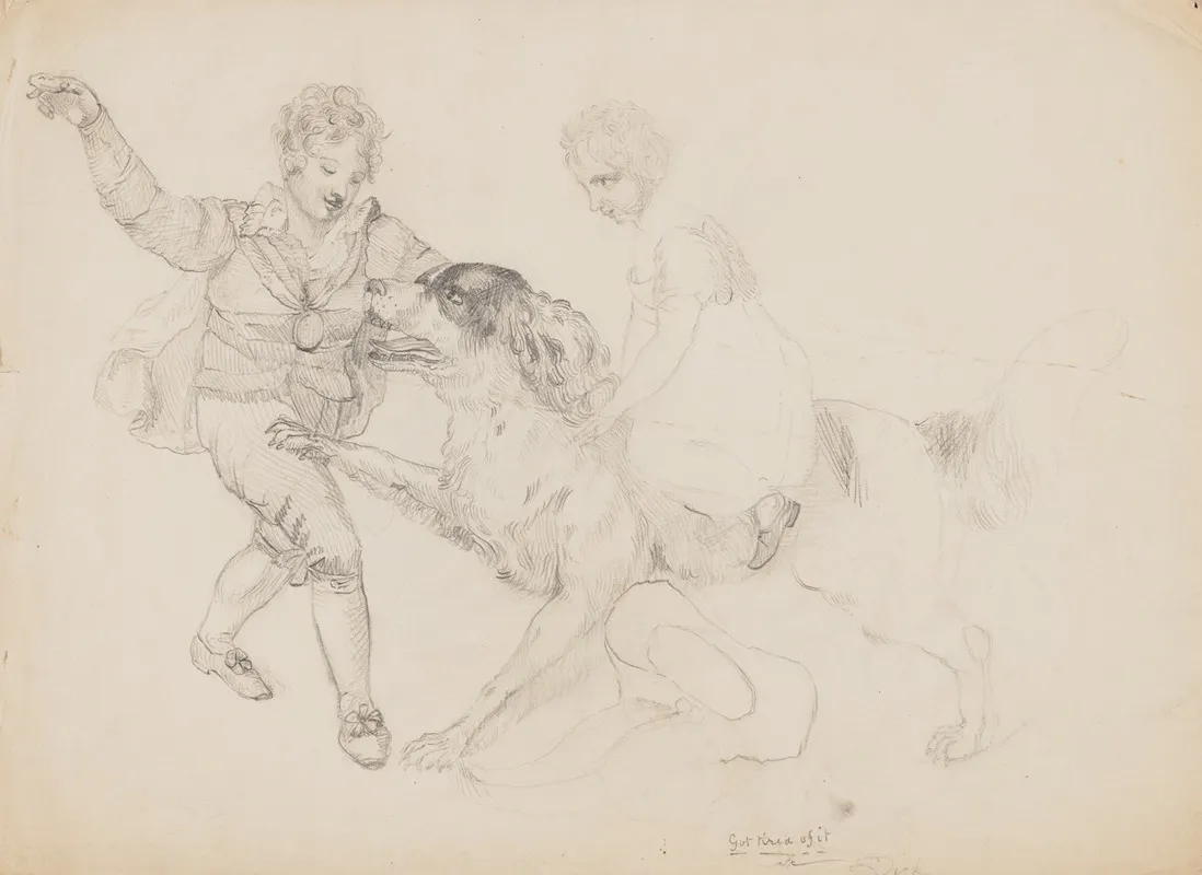 A Boy And A Girl Playing With A Large Dog by Richard Sanger Smith - Canvas Print