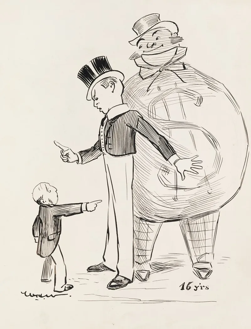 A Boy At Age 16 Angrily Looking Down On A Small Man And Protecting A Fat Man Behind Him Who Is Depicted As A Large Bag Of Money