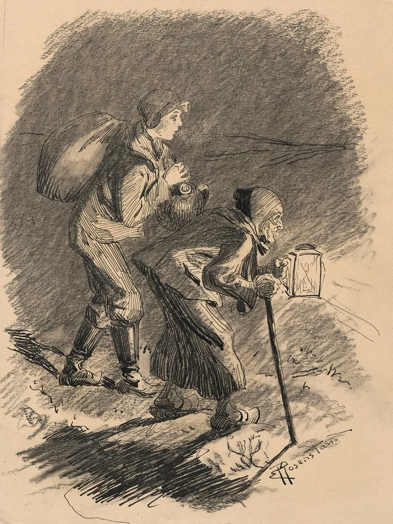 A Boy With A Bundle And An Elderly Peasant Woman With A Stick And A Lamp Walk Through The Darkness At Night