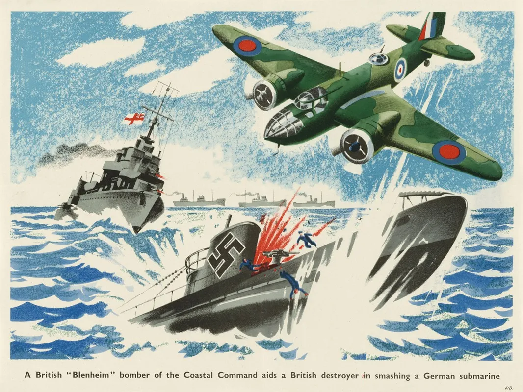 A British Blenheim Bomber Of The Coastal Command Aids A British Destroyer In Smashing A German Submarine