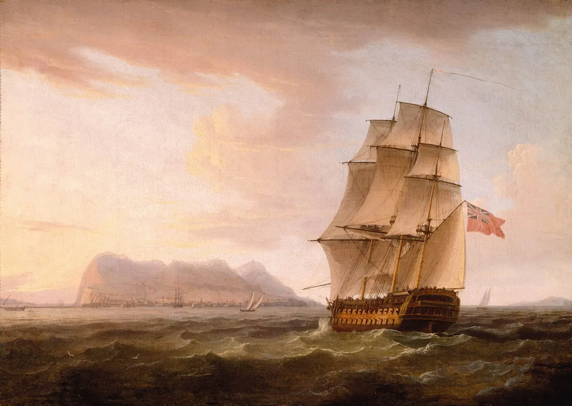 A British Man Of War Before The Rock Of Gibraltar by Thomas Whitcombe - Canvas Print