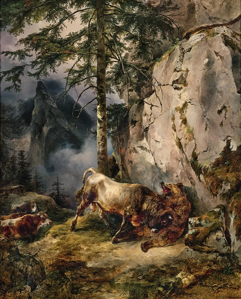 A Bull Fighting A Bear by Friedrich Gauermann - Canvas Print